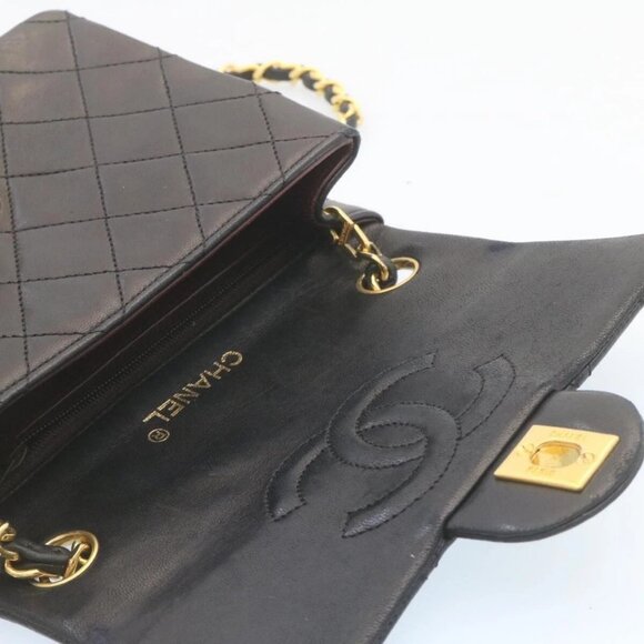 CHANEL Mini Matelasse Chain Flap Shoulder Bag Lamb Skin Black Gold Auth 28471AM - Picture 9 of 16